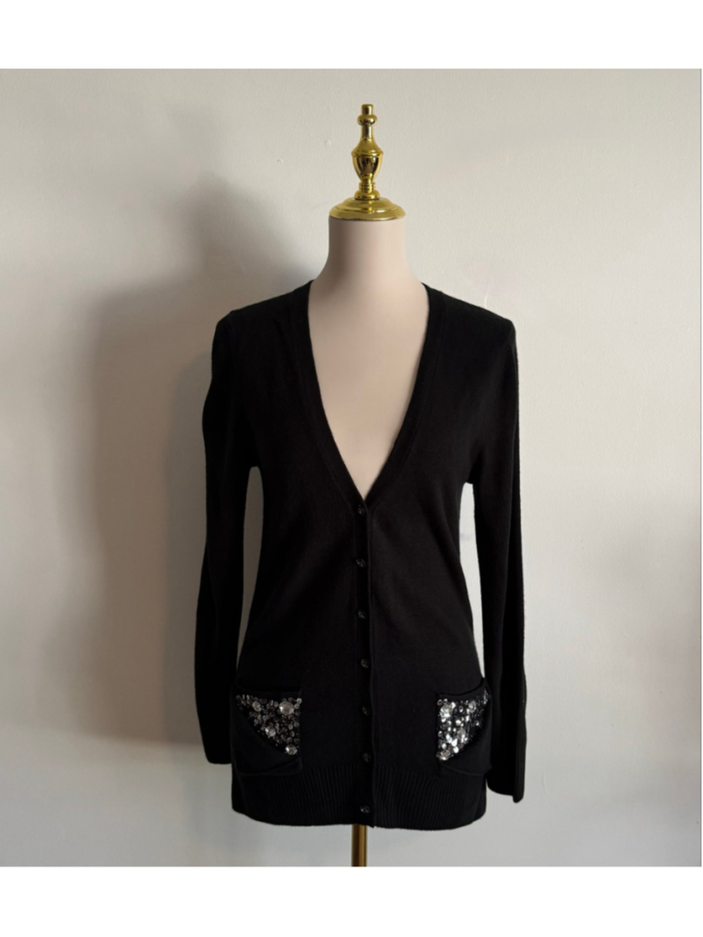 Women's Joan Boyce Black Cardigan with Silver Sequin Pockets XS